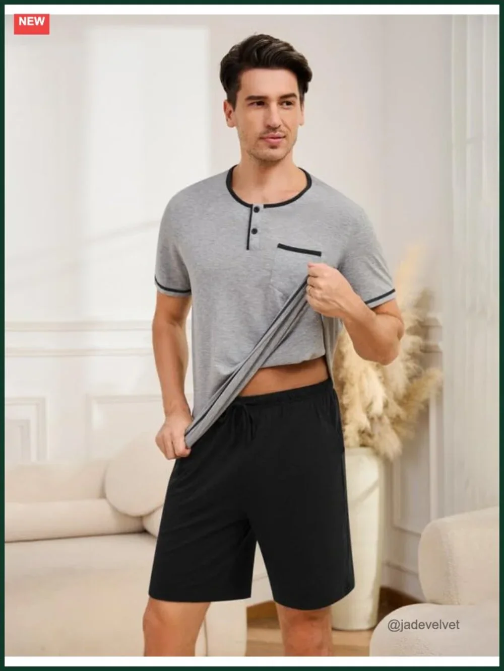 Men's Cotton Pajama Set Short Sleeve Henley Pjs Summer Sleepwear with Pockets